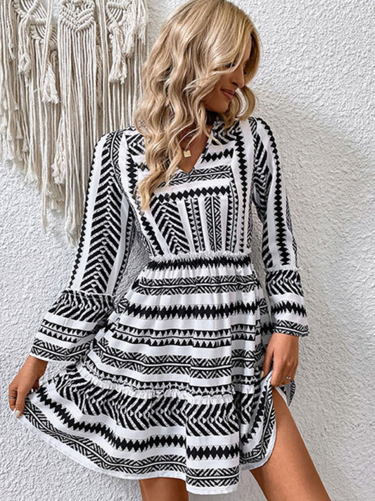 Ruffled Polka Dot Long Sleeve Dress with V-Neck – Autumn & Winter Casual Style