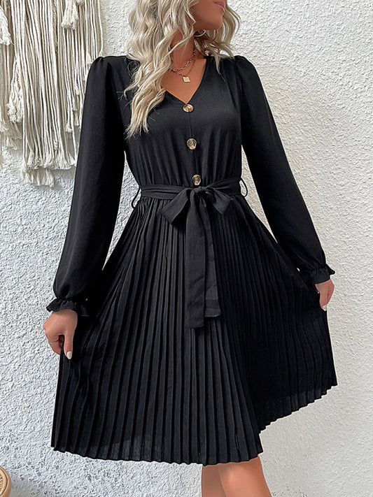 Long-sleeved Pleated Midi Dress - Relaxed Silhouette & Lightweight Woven Fabric