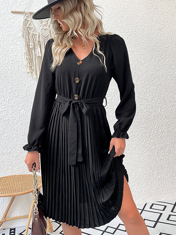 Long-sleeved Pleated Midi Dress - Relaxed Silhouette & Lightweight Woven Fabric