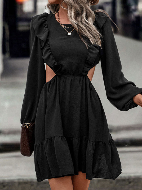 Hollow Ruffle Long Sleeve Dress – Black Casual Woven Style for Autumn & Winter