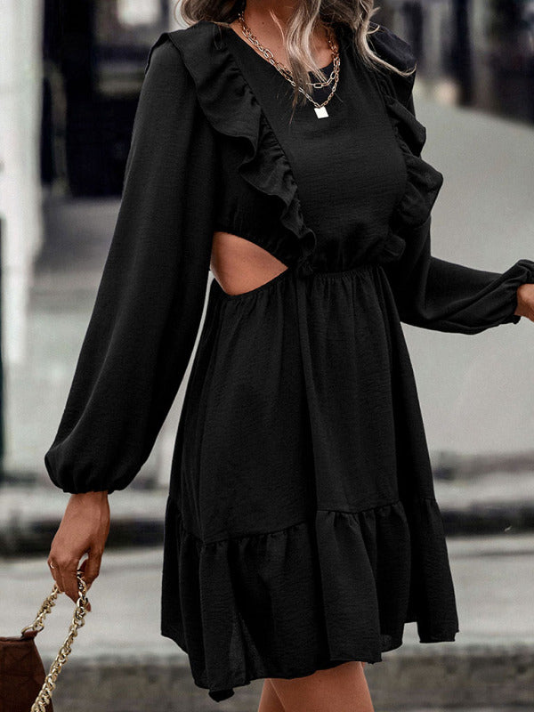 Hollow Ruffle Long Sleeve Dress – Black Casual Woven Style for Autumn & Winter