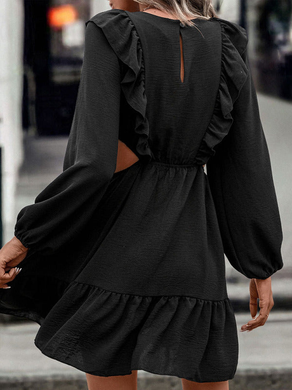Hollow Ruffle Long Sleeve Dress – Black Casual Woven Style for Autumn & Winter