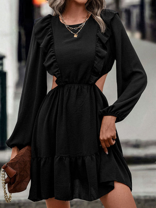 Hollow Ruffle Long Sleeve Dress – Black Casual Woven Style for Autumn & Winter