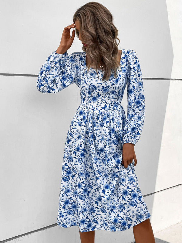 Vintage Square Neck Print Midi Dress – Long Sleeve Woven Autumn Style