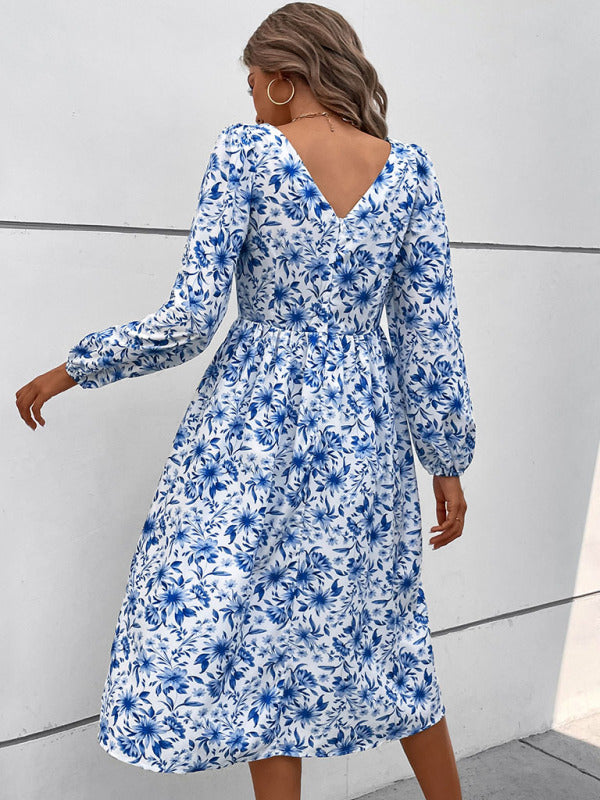 Vintage Square Neck Print Midi Dress – Long Sleeve Woven Autumn Style