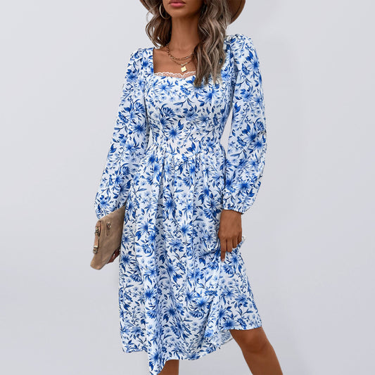 Vintage Square Neck Print Midi Dress – Long Sleeve Woven Autumn Style
