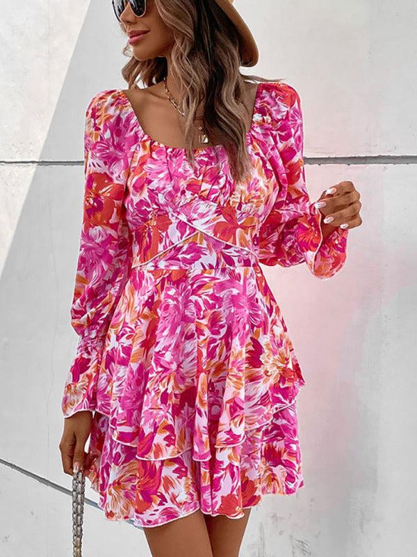 Square Neck Ruffle Sleeve Dress – Self-Patterned, Long Sleeves, Autumn-Winter Style