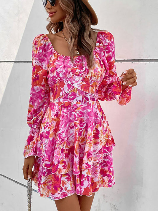 Square Neck Ruffle Sleeve Dress – Self-Patterned, Long Sleeves, Autumn-Winter Style