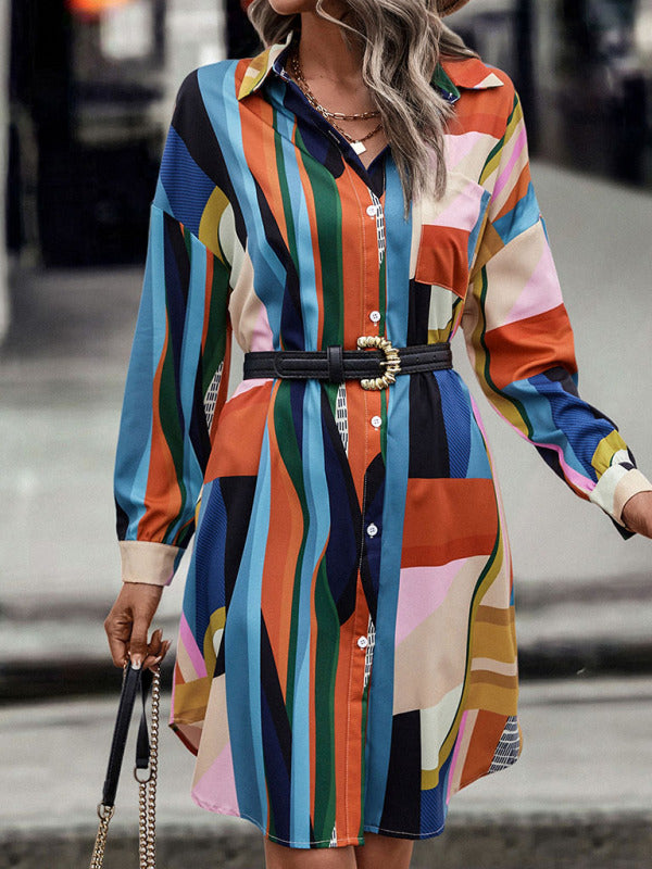 Color Block Lapel Shirt Dress – Mid-Length, Long Sleeves, Welt Pockets
