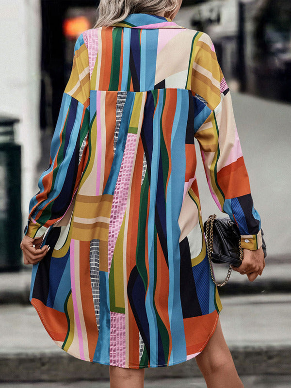 Color Block Lapel Shirt Dress – Mid-Length, Long Sleeves, Welt Pockets