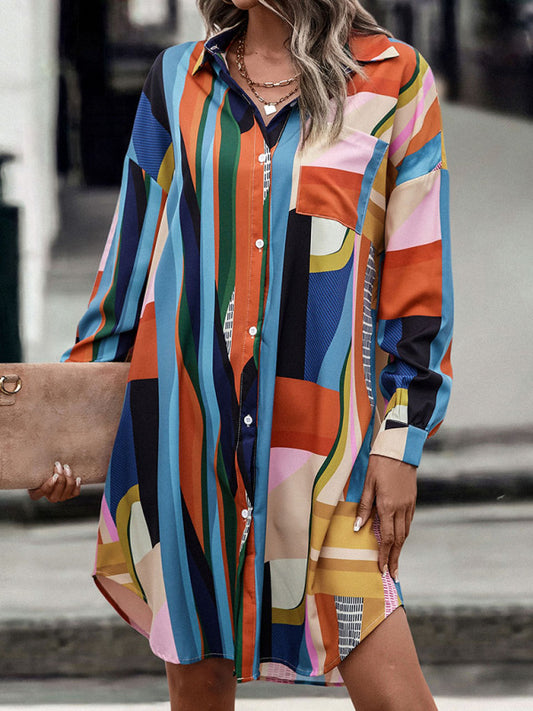 Color Block Lapel Shirt Dress – Mid-Length, Long Sleeves, Welt Pockets