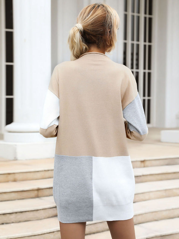 Color-Block Long Sleeve Jersey Dress – Round Neck Knit Without Belt