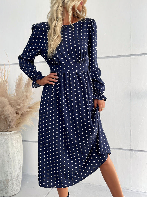 Polka Dot Midi Dress – Round Neck Waist-Tied Long Sleeve Dress for Women
