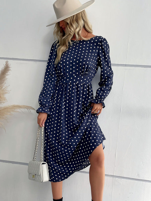 Polka Dot Midi Dress – Round Neck Waist-Tied Long Sleeve Dress for Women