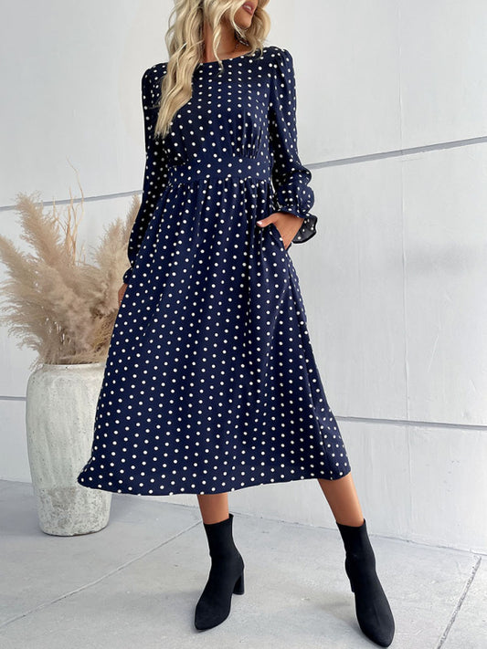 Polka Dot Midi Dress – Round Neck Waist-Tied Long Sleeve Dress for Women