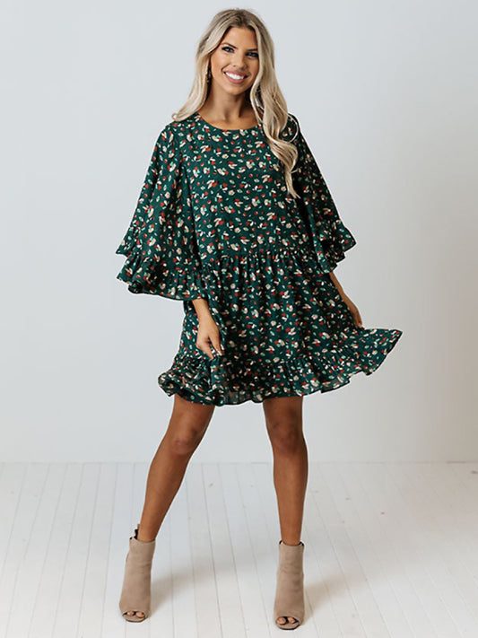 Leopard Print Batwing Sleeve Midi Dress – Spliced Knit, A-Line Fit