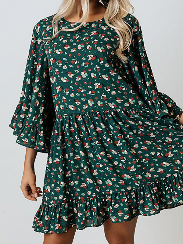 Leopard Print Batwing Sleeve Midi Dress – Spliced Knit, A-Line Fit