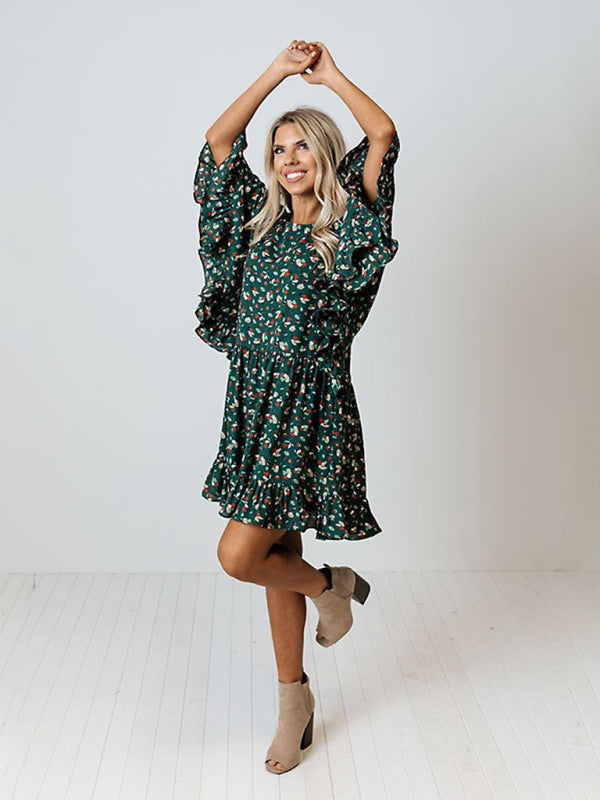 Leopard Print Batwing Sleeve Midi Dress – Spliced Knit, A-Line Fit