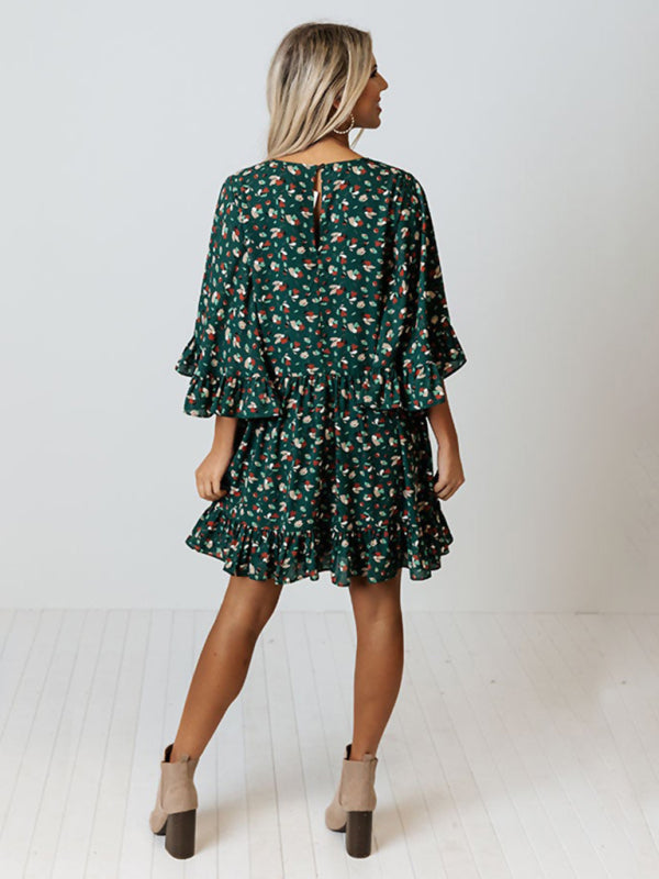 Leopard Print Batwing Sleeve Midi Dress – Spliced Knit, A-Line Fit