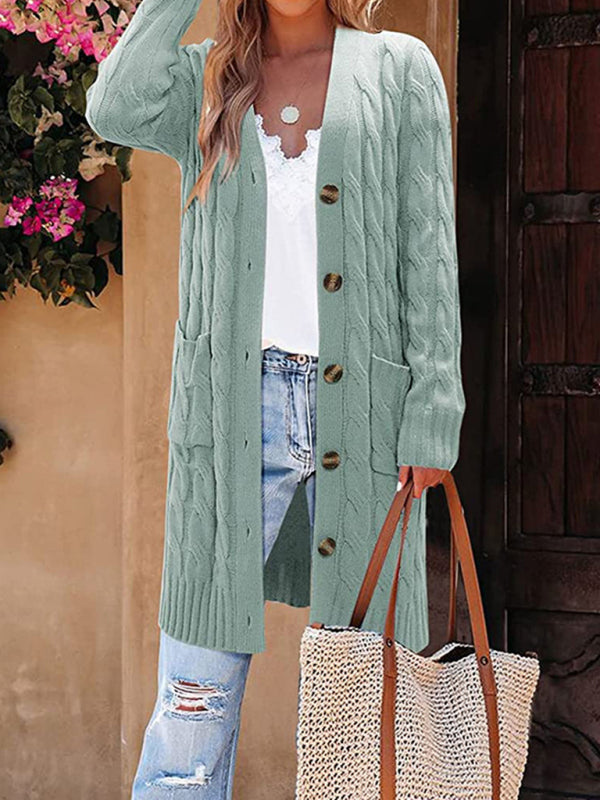 Knit Long Cardigan with Twist Pockets Green