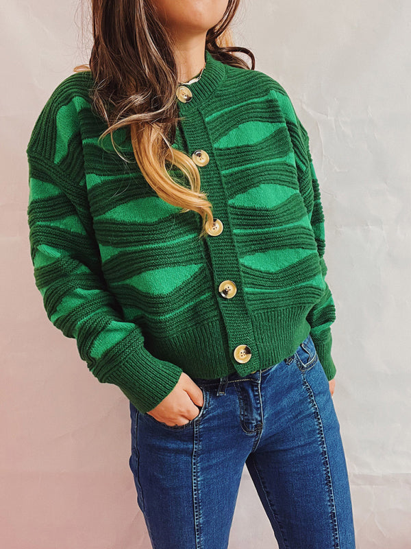 Striped Cropped Knit Cardigan Green