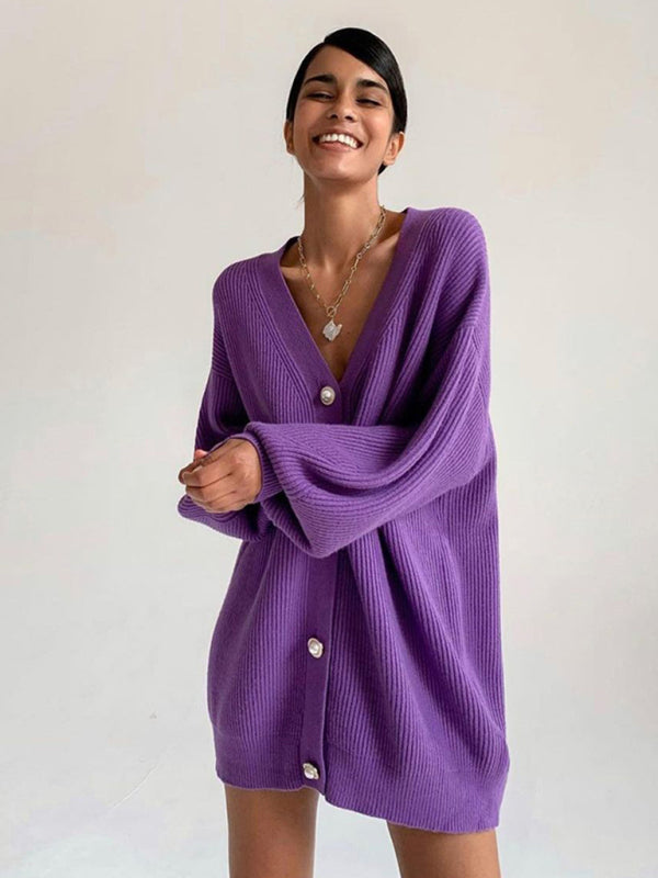 Pearl Button Drop Shoulder Knit Cardigan Purple