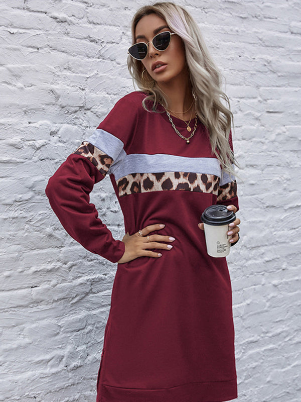 Leopard Print Stripe Casual Dress – Long Sleeve, Autumn-Winter Style