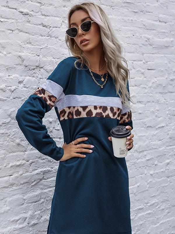 Leopard Print Stripe Casual Dress – Long Sleeve, Autumn-Winter Style