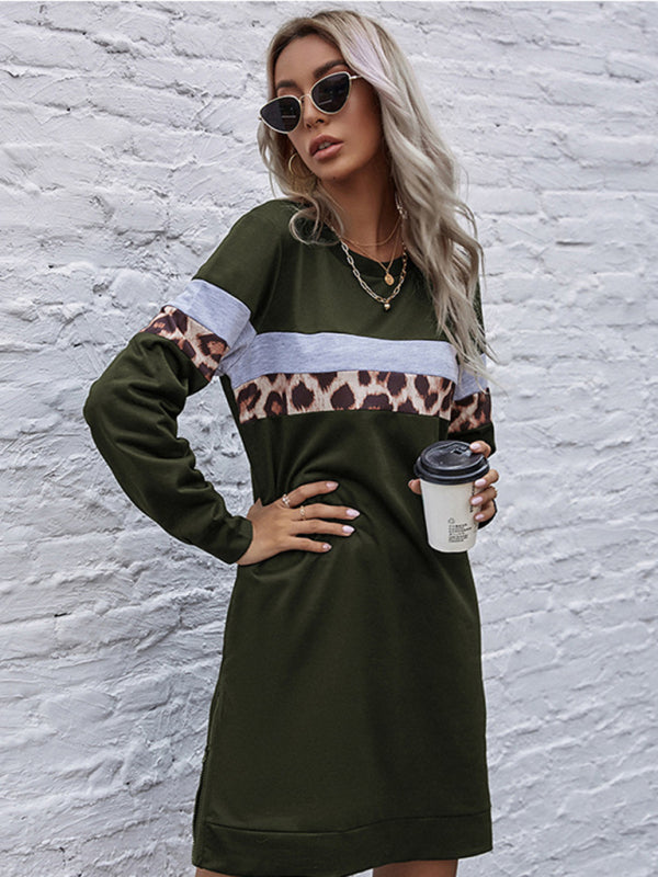 Leopard Print Stripe Casual Dress – Long Sleeve, Autumn-Winter Style