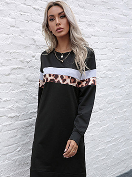 Leopard Print Stripe Casual Dress – Long Sleeve, Autumn-Winter Style