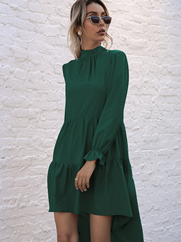 High-Neck Ruffle Hem Long Sleeve Dress – Khaki Printed Fall Midi