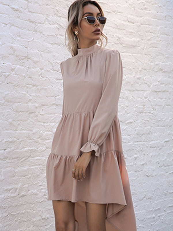 High-Neck Ruffle Hem Long Sleeve Dress – Khaki Printed Fall Midi