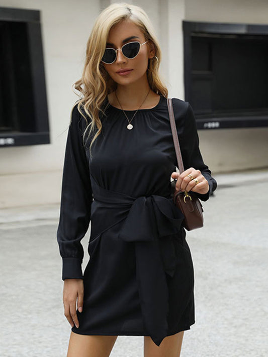 Elegant Knit Tie-Waist Dress – Long Sleeve Casual Midi for Autumn Winter