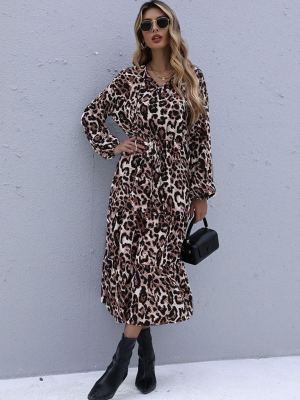 Leopard Print Long Sleeve Maxi Dress – V-Neck, Woven Fabric, Autumn Style