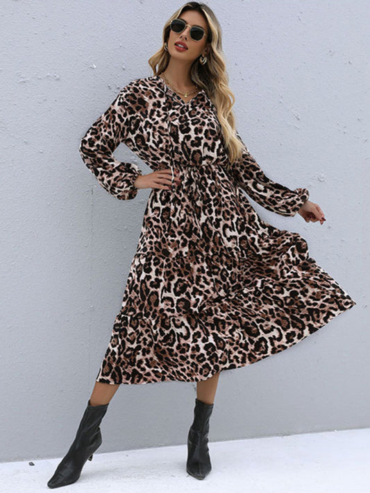 Leopard Print Long Sleeve Maxi Dress – V-Neck, Woven Fabric, Autumn Style