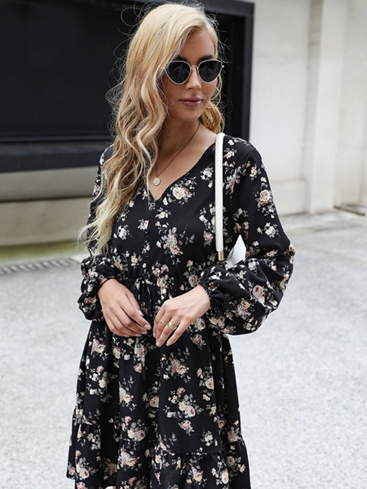 Boho Floral Long Sleeve Dress – Lightweight Woven Fabric for Fall Looks