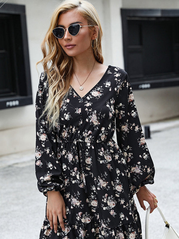 Boho Floral Long Sleeve Dress – Lightweight Woven Fabric for Fall Looks