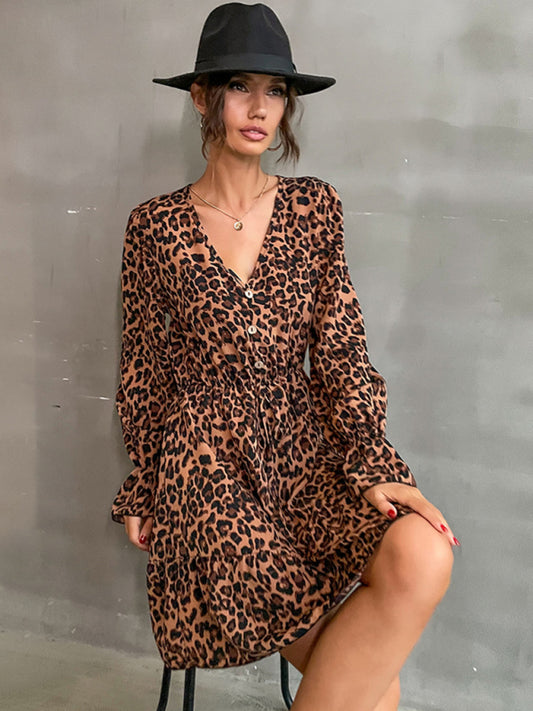 Leopard Print Long Sleeve Dress – Button Front, Autumn Style