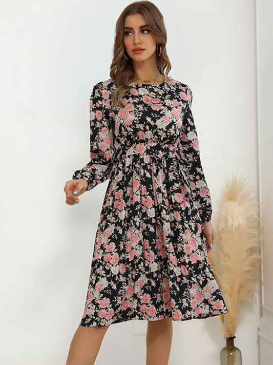 Floral Long Sleeve Vintage Dress – Autumn-Winter Woven Casual Fit