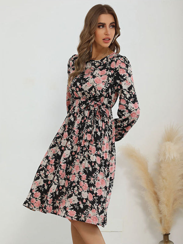 Floral Long Sleeve Vintage Dress – Autumn-Winter Woven Casual Fit