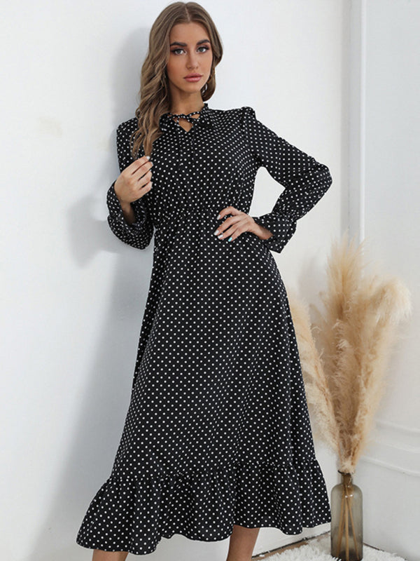 Polka Dot Ruffle Midi Dress – Long Sleeve, Lightweight & Woven