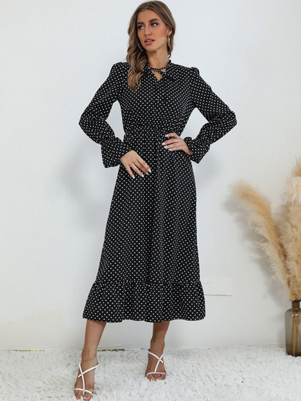Polka Dot Ruffle Midi Dress – Long Sleeve, Lightweight & Woven