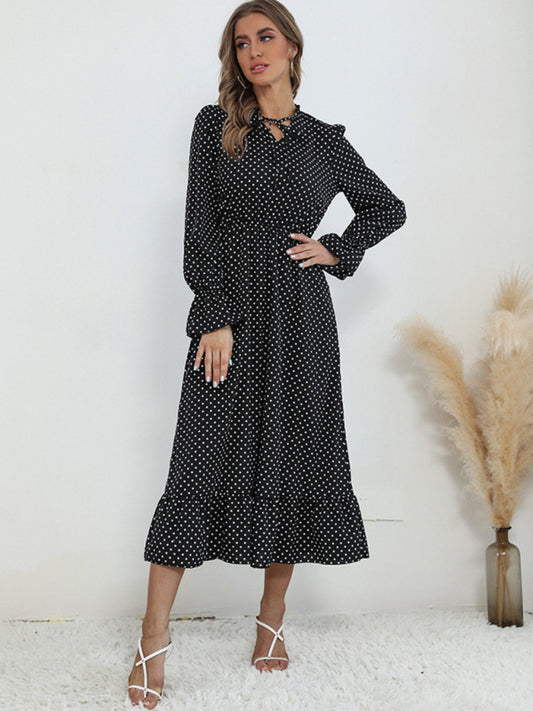 Polka Dot Ruffle Midi Dress – Long Sleeve, Lightweight & Woven