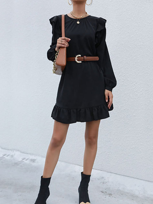 Ruffled Long Sleeve Casual Dress – Printed Woven Midi for Fall & Winter