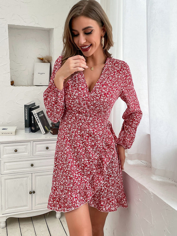 Floral Print Elegant Wrap Dress – Long Sleeves, Woven Polyester, Vacation Ready