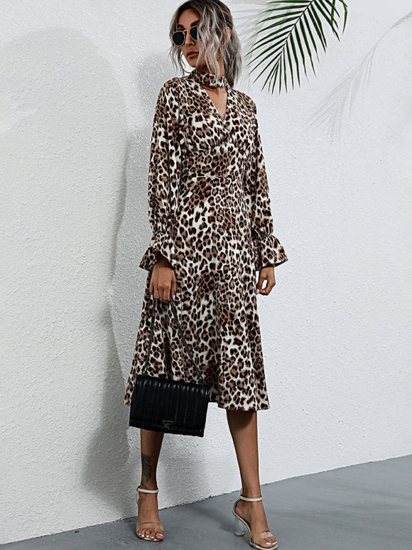 Leopard Print Long Sleeve Midi Dress – Autumn-Winter Woven Style