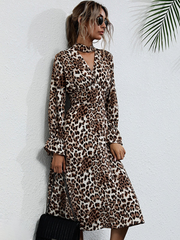 Leopard Print Long Sleeve Midi Dress – Autumn-Winter Woven Style