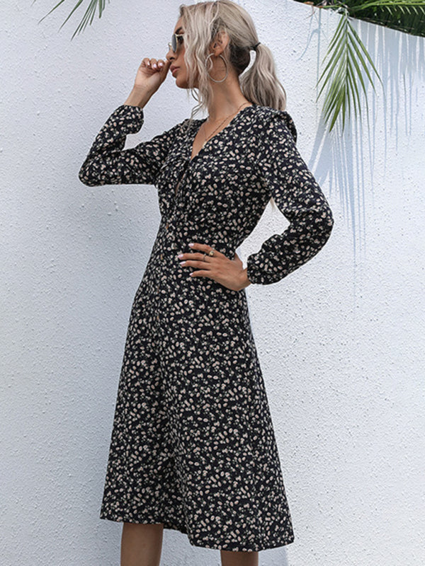 Floral Long Sleeve Midi Dress – Elegant Woven Fit for All Seasons