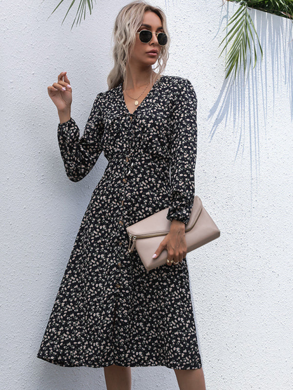 Floral Long Sleeve Midi Dress – Elegant Woven Fit for All Seasons