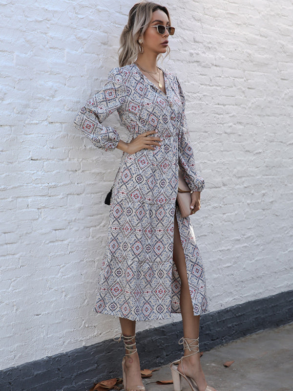 Geometric Print Long Sleeve Midi Dress – Woven Polyester, Fall Style